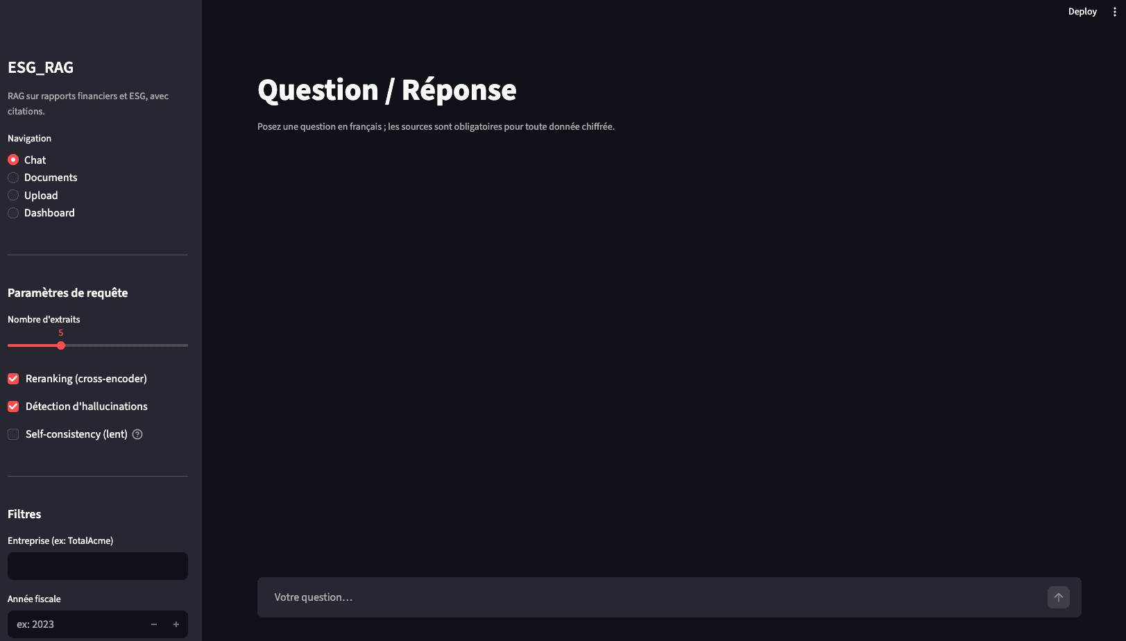 ESG_RAG interface: question-answer panel in French with retrieval settings (reranking, hallucination detection, self-consistency) and document filters