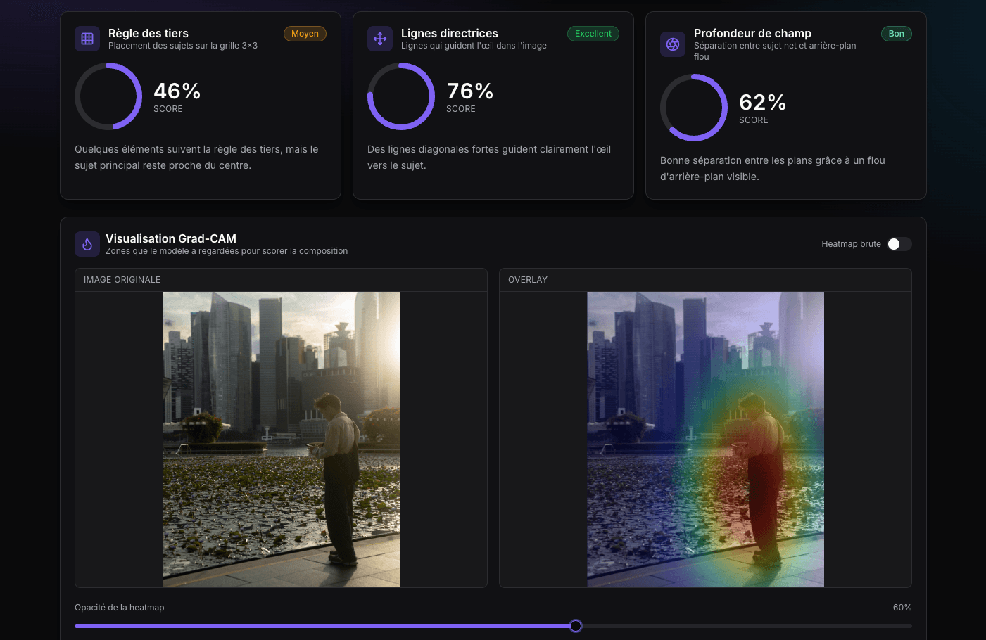 Photo composition analyzer interface: rule of thirds, leading lines and depth of field scores with a Grad-CAM heatmap overlay