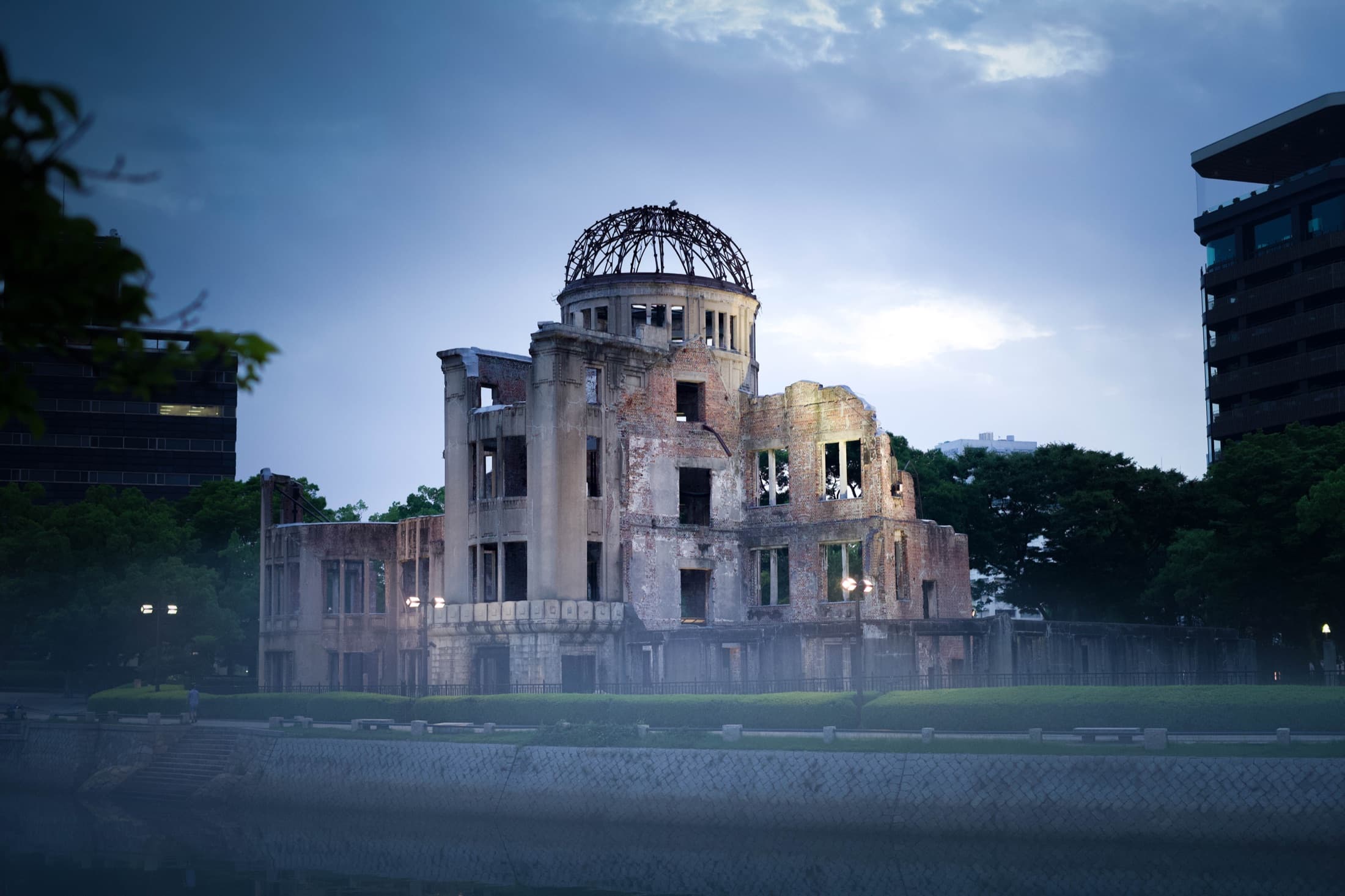 The Atomic Bomb Dome in Hiroshima at blue hour.